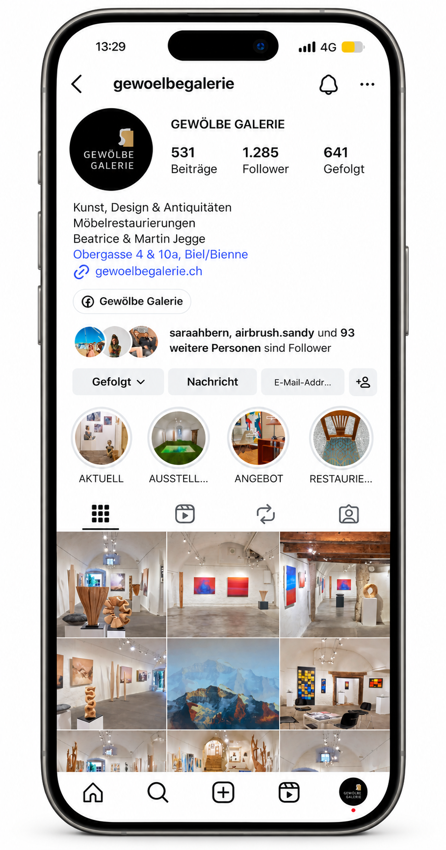 Aktuelles Instagram-Profil der Gewölbe Galerie im iPhone-Mockup